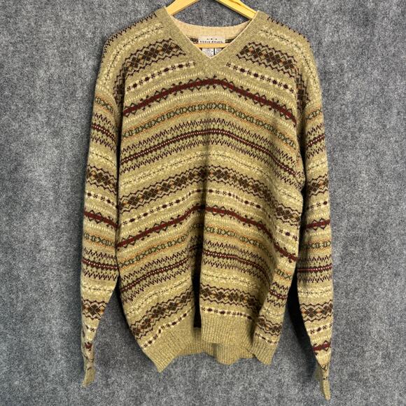Eddie Bauer Sweater Mens XL Tan Multicolor Fair‎ Isle Lambswool VNeck Pullover - Picture 1 of 9